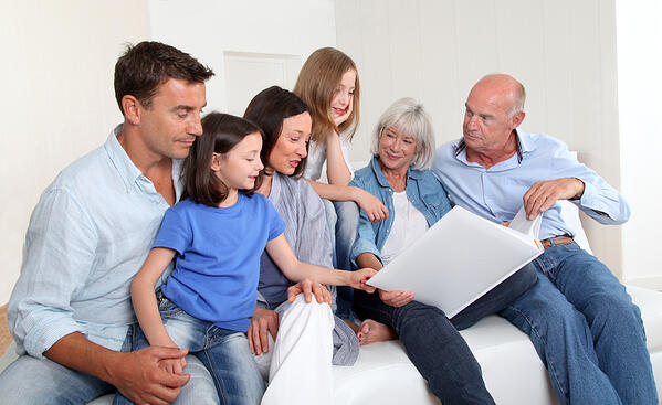 3-generation family looking at photo album